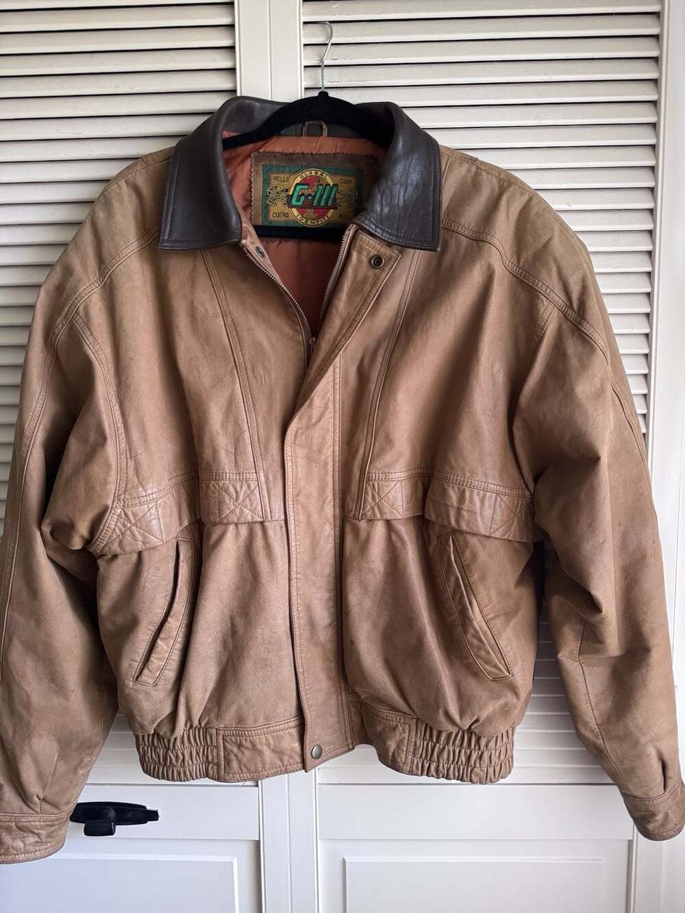 Vintage G-III Global Identity Brown Leather Bomber Jacket with Contrast Collar